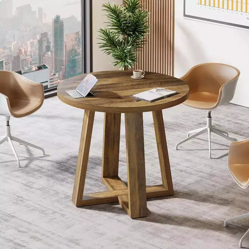 Lantine 31.5-Inch Round Conference Table for 2-4 People, Small Wooden Office Meeting Desk with Sturdy Base for Small Spaces, Farmhouse Rustic
