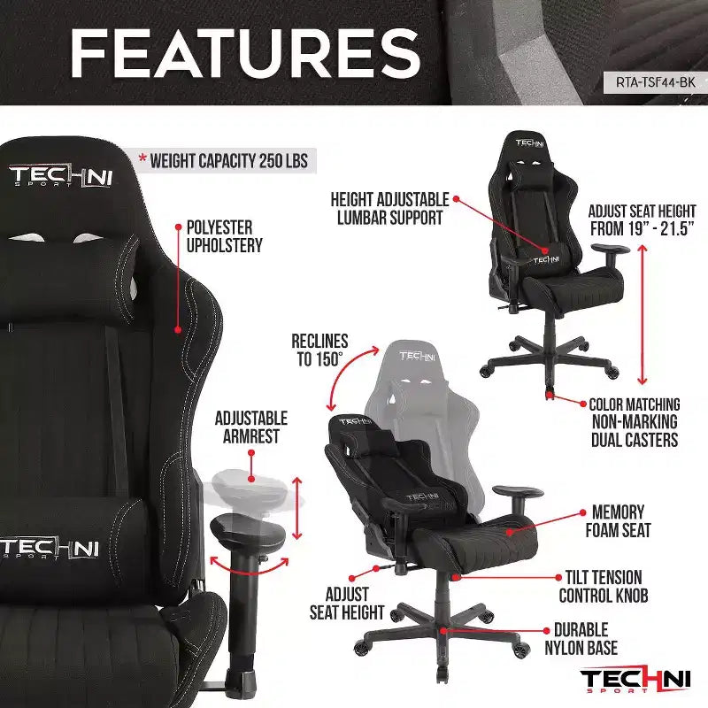 Chaise de jeu ergonomique réglable TUYOHW, pivotante à 360°, avec oreillers pour la tête et les lombaires, fauteuil inclinable à 90-150° pour le bureau et la maison, charge maximale de 113 kg, noire