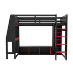 Lit mezzanine de jeu en bois avec bureau LED, lit mezzanine de jeu deux places/complet avec étagères de rangement et tringle à vêtements