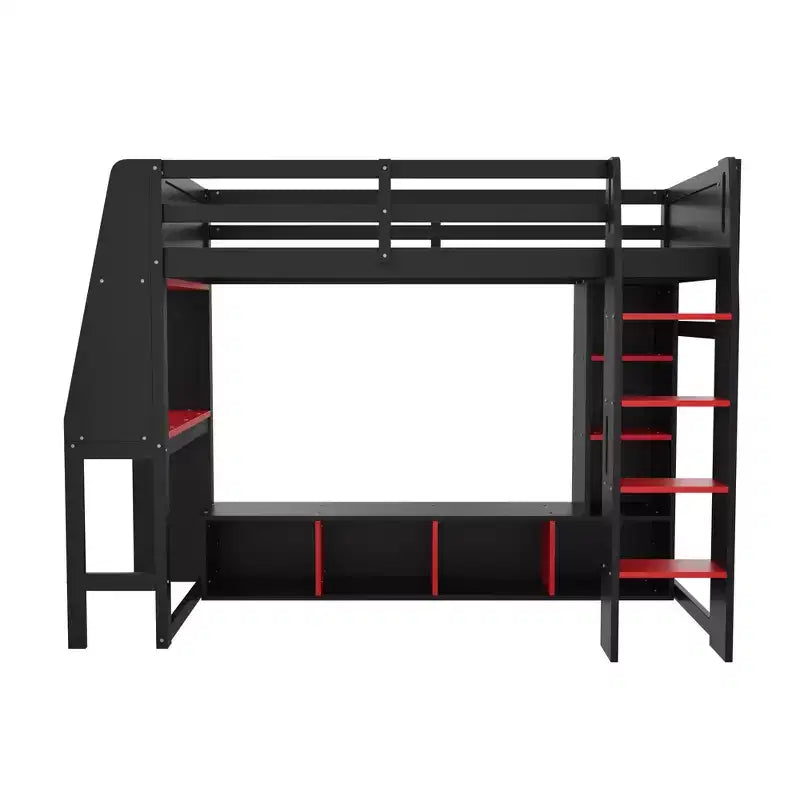 Lit mezzanine de jeu en bois avec bureau LED, lit mezzanine de jeu deux places/complet avec étagères de rangement et tringle à vêtements