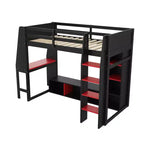 Lit mezzanine de jeu en bois avec bureau LED, lit mezzanine de jeu deux places/complet avec étagères de rangement et tringle à vêtements