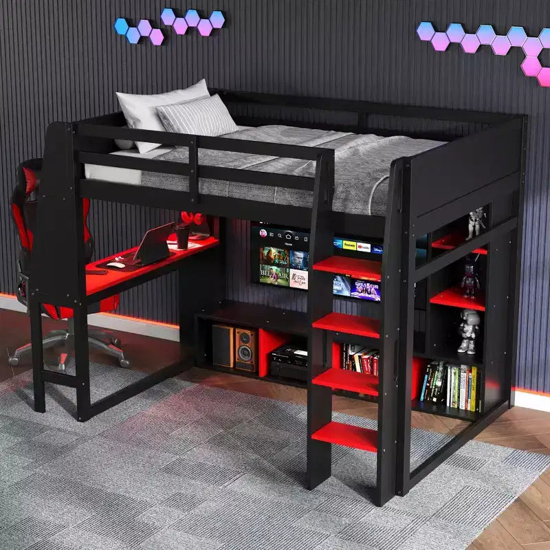 Lit mezzanine de jeu en bois avec bureau LED, lit mezzanine de jeu deux places/complet avec étagères de rangement et tringle à vêtements