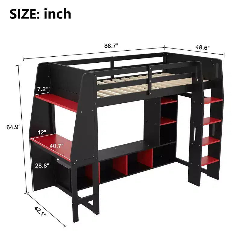 Lit mezzanine de jeu en bois avec bureau LED, lit mezzanine de jeu deux places/complet avec étagères de rangement et tringle à vêtements