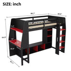 Lit mezzanine de jeu en bois avec bureau LED, lit mezzanine de jeu deux places/complet avec étagères de rangement et tringle à vêtements