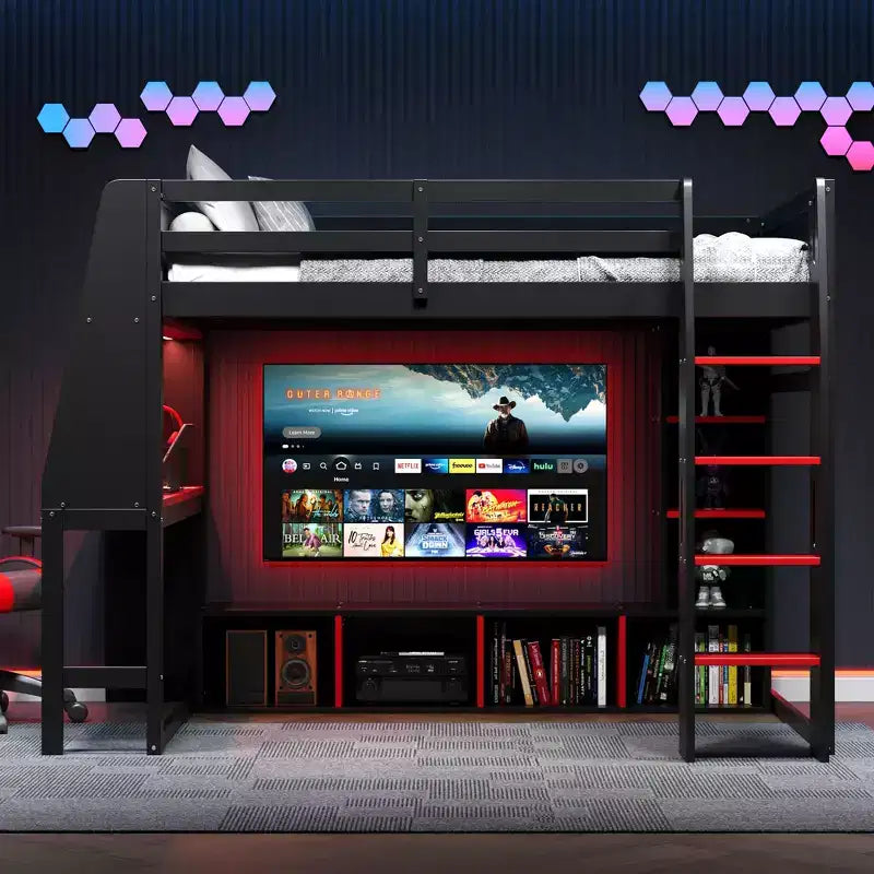Lit mezzanine de jeu en bois avec bureau LED, lit mezzanine de jeu deux places/complet avec étagères de rangement et tringle à vêtements