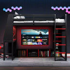 Lit mezzanine de jeu en bois avec bureau LED, lit mezzanine de jeu deux places/complet avec étagères de rangement et tringle à vêtements