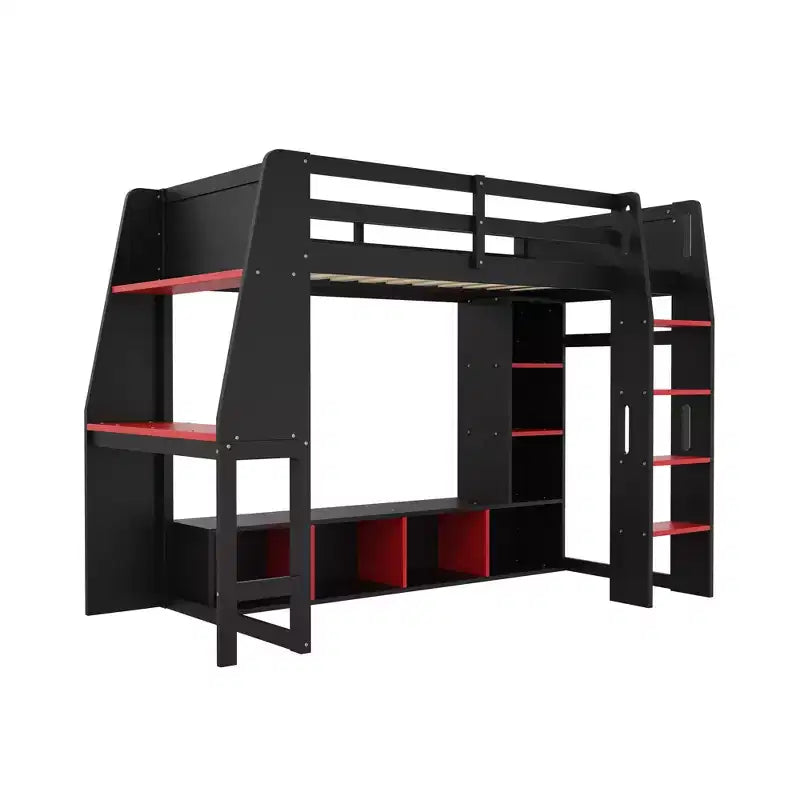 Lit mezzanine de jeu en bois avec bureau LED, lit mezzanine de jeu deux places/complet avec étagères de rangement et tringle à vêtements
