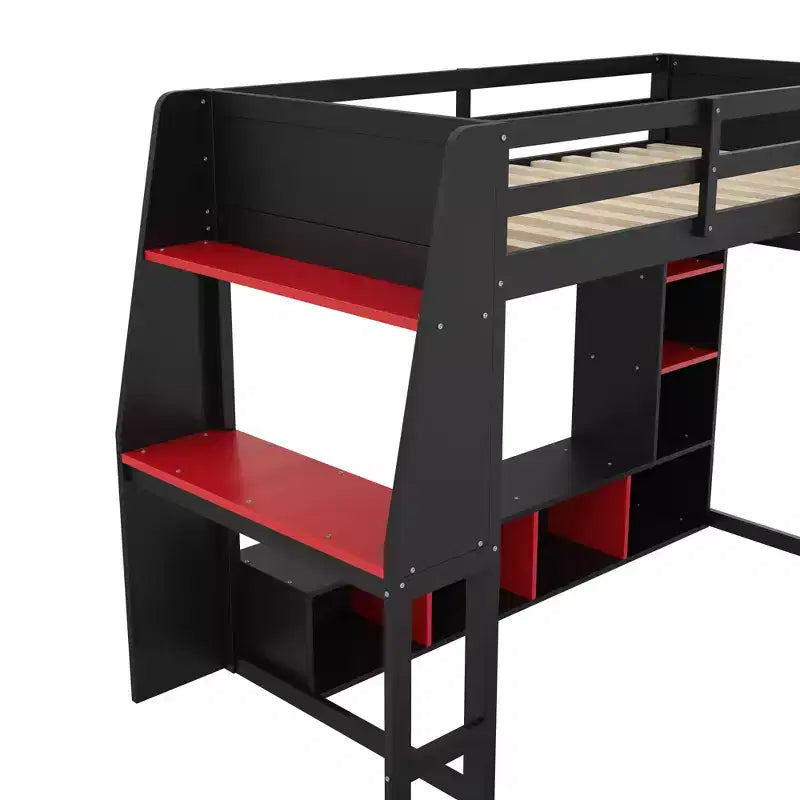 Lit mezzanine de jeu en bois avec bureau LED, lit mezzanine de jeu deux places/complet avec étagères de rangement et tringle à vêtements