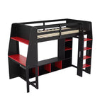 Lit mezzanine de jeu en bois avec bureau LED, lit mezzanine de jeu deux places/complet avec étagères de rangement et tringle à vêtements