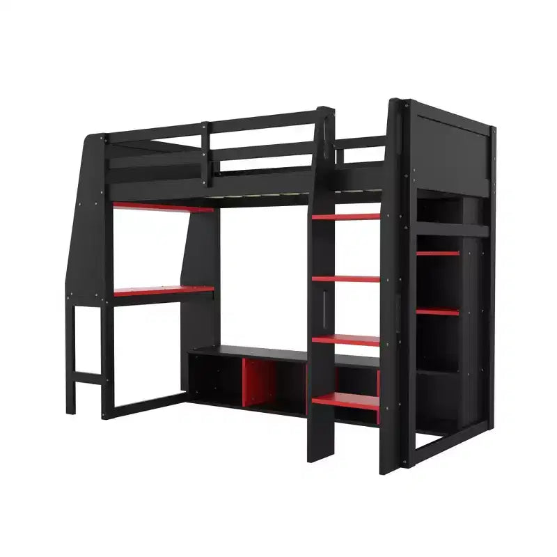 Lit mezzanine de jeu en bois avec bureau LED, lit mezzanine de jeu deux places/complet avec étagères de rangement et tringle à vêtements