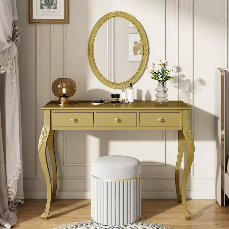 Table de maquillage de luxe Whisen, coiffeuse à 3 tiroirs, console élégante avec miroir ovale