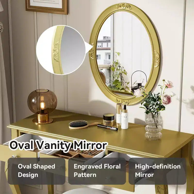 Table de maquillage de luxe Whisen, coiffeuse à 3 tiroirs, console élégante avec miroir ovale
