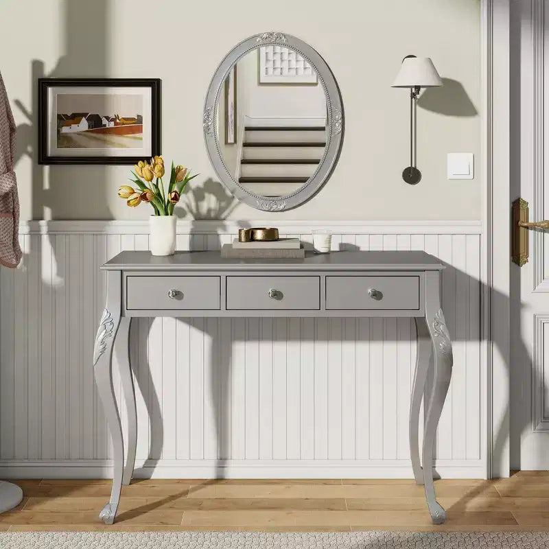 Table de maquillage de luxe Whisen, coiffeuse à 3 tiroirs, console élégante avec miroir ovale