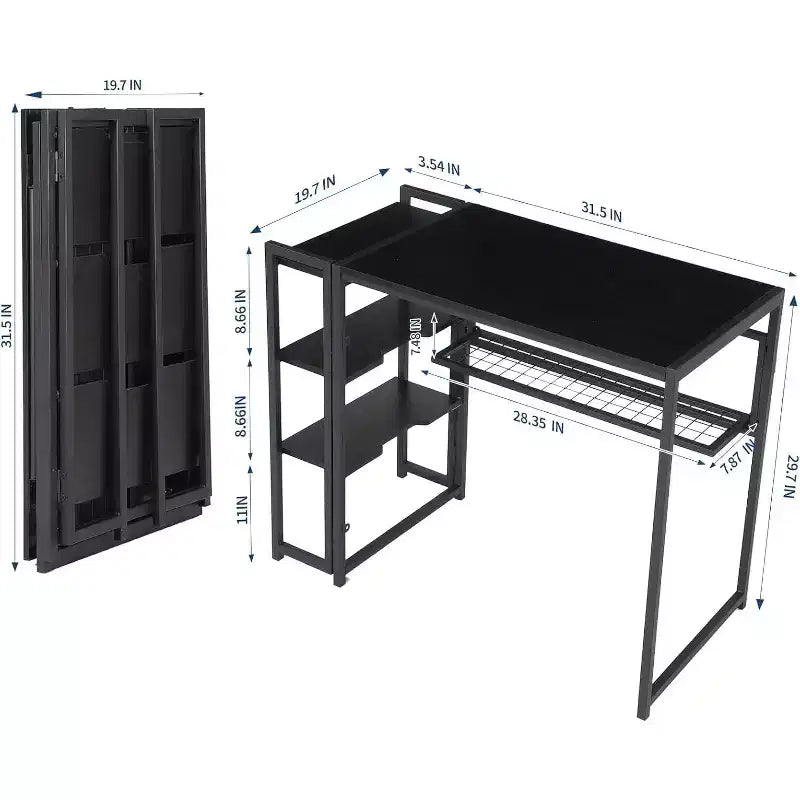 Bureau d'ordinateur pliable de 89 cm avec étagère de rangement | Table compacte sans assemblage | Pour bureau à domicile, chambre, dortoir, appartement