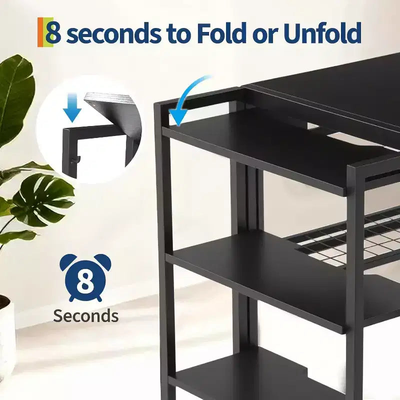 Bureau d'ordinateur pliable de 89 cm avec étagère de rangement | Table compacte sans assemblage | Pour bureau à domicile, chambre, dortoir, appartement