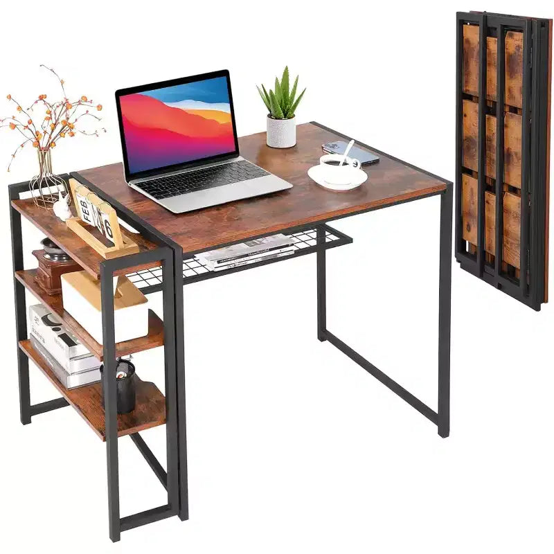 Bureau d'ordinateur pliable de 89 cm avec étagère de rangement | Table compacte sans assemblage | Pour bureau à domicile, chambre, dortoir, appartement