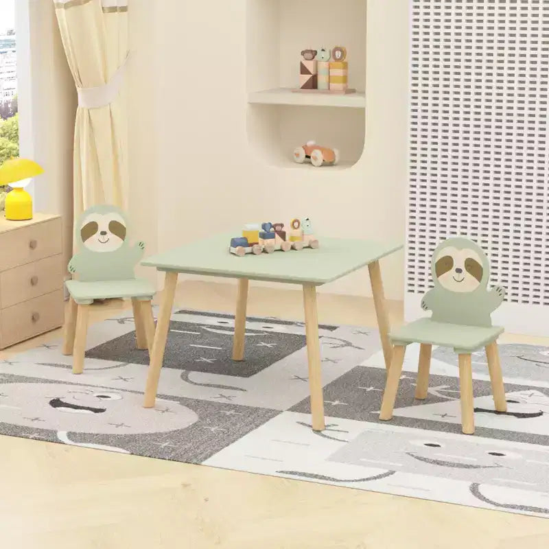 Ensemble table et chaises pour enfants avec 2 chaises mignonnes en forme de paresseux, table d'activités en bois pour tout-petits, ensemble de jeu et d'étude avec design animal mignon pour salle de jeux, chambre à coucher