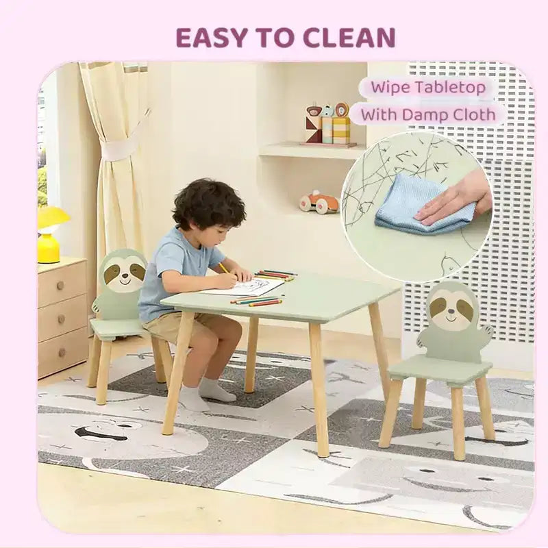 Ensemble table et chaises pour enfants avec 2 chaises mignonnes en forme de paresseux, table d'activités en bois pour tout-petits, ensemble de jeu et d'étude avec design animal mignon pour salle de jeux, chambre à coucher