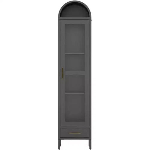 63 in Tall Narrow Arched Bookcase, Metal Arched Storage Cabinet with Glass Door & Drawer, Modern Black Pantry Cabinet for Living Room, Kitchen, Office