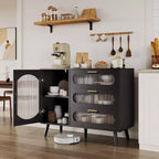 Bahut moderne avec 3 tiroirs spacieux et portes en verre cannelé pour salle à manger, cuisine ou salon, meuble de rangement élégant
