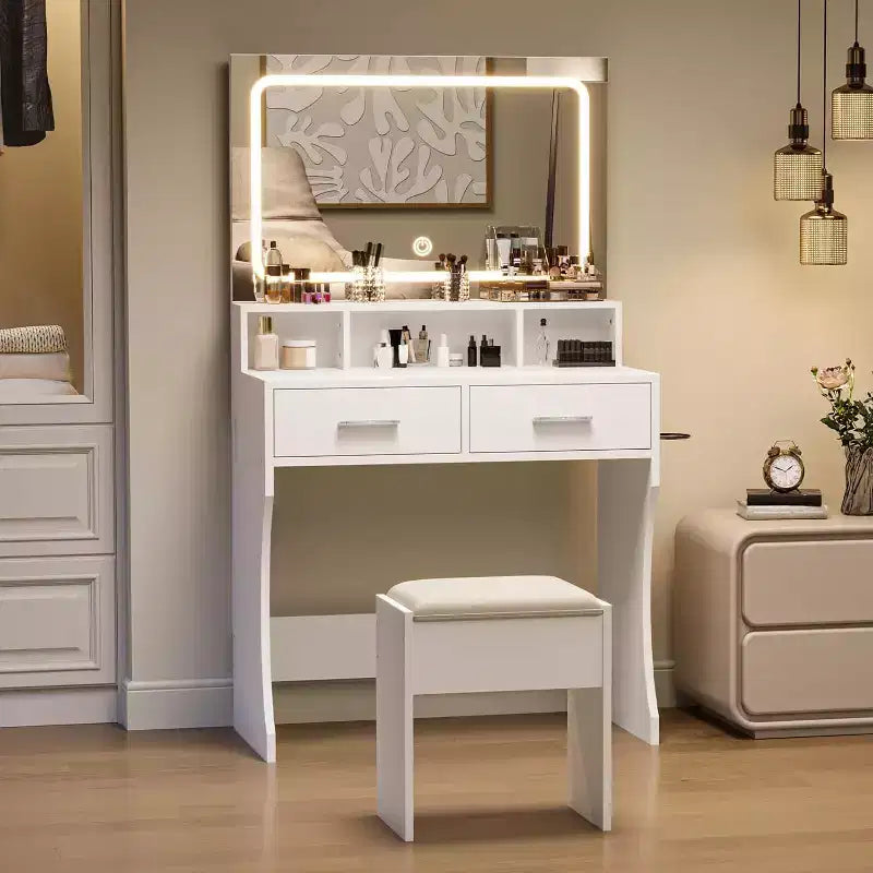 Coiffeuse Acekool avec miroir réglable, station de charge, tiroirs de rangement et tabouret en PU pour chambre ou dortoir