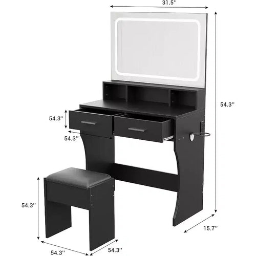 Coiffeuse Acekool avec miroir réglable, station de charge, tiroirs de rangement et tabouret en PU pour chambre ou dortoir