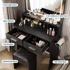 Coiffeuse Acekool avec miroir réglable, station de charge, tiroirs de rangement et tabouret en PU pour chambre ou dortoir