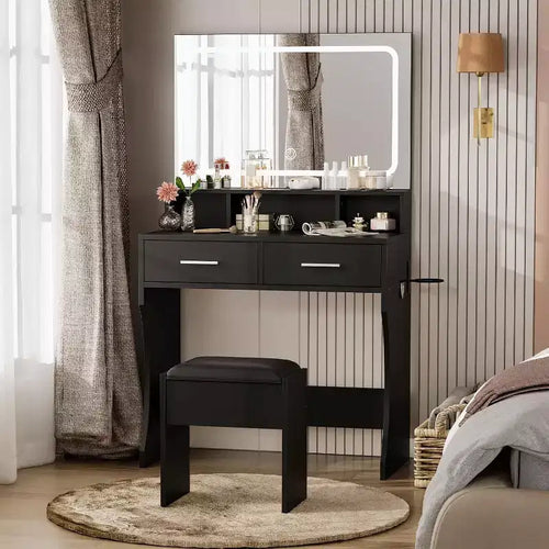 Acekool Vanity Desk with Adjustable Mirror, Charging Station, Storage Drawers & PU Stool for Bedroom or Dorm