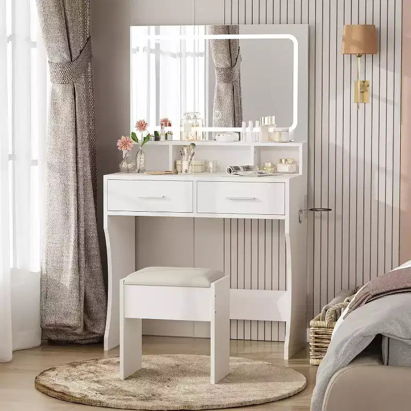 Coiffeuse Acekool avec miroir réglable, station de charge, tiroirs de rangement et tabouret en PU pour chambre ou dortoir