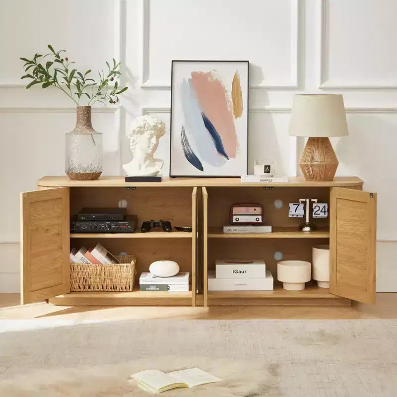 JVNOXK Meuble TV en rotin à façade ondulée de 162,5 cm avec coins arrondis, finition naturelle, convient pour la cuisine/le hall d'entrée. 162,5 L x 38 P x 61 H cm.