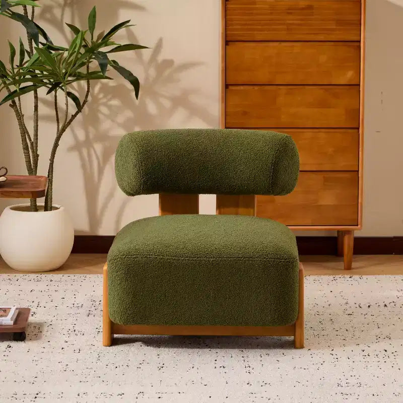 Fauteuil d'appoint moderne en bouclette avec dossier roulé, structure en bois massif, assise capitonnée pour salon, chambre ou bureau-Panipeachy