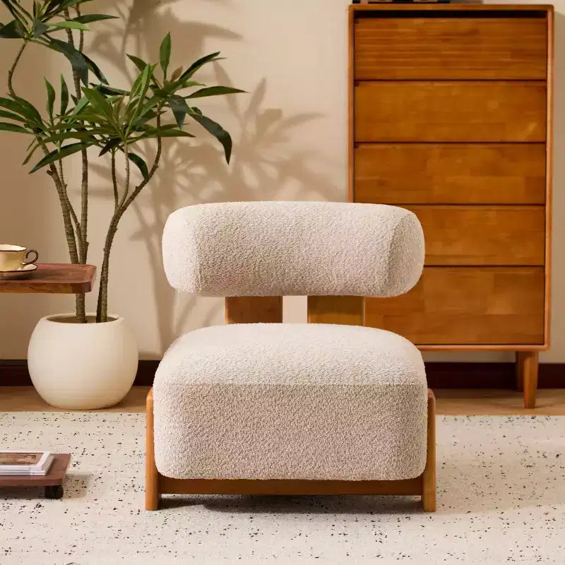 Fauteuil d'appoint moderne en bouclette avec dossier roulé, structure en bois massif, assise capitonnée pour salon, chambre ou bureau-Panipeachy