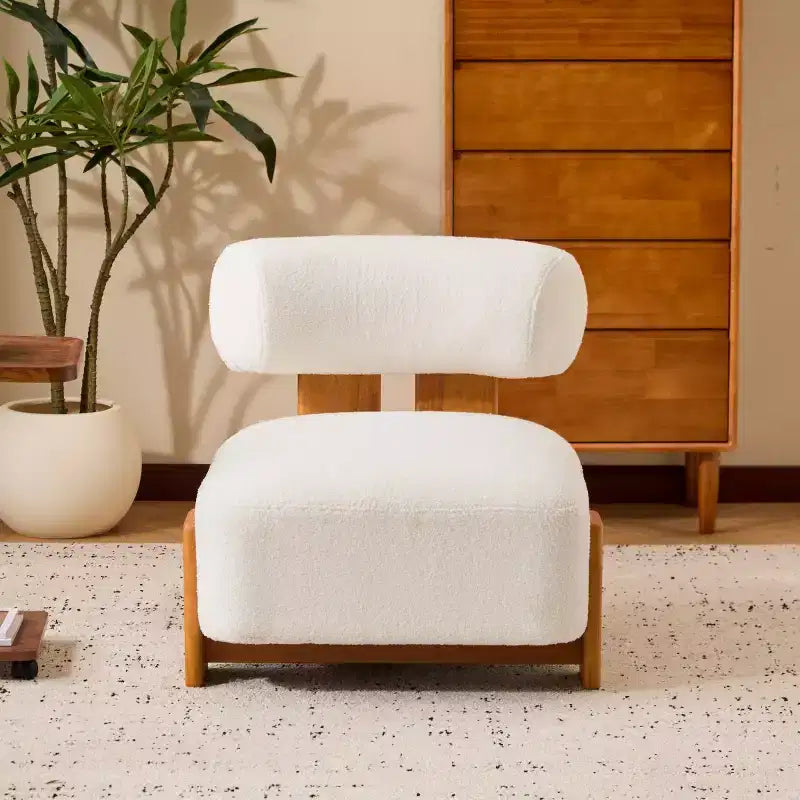 Fauteuil d'appoint moderne en bouclette avec dossier roulé, structure en bois massif, assise capitonnée pour salon, chambre ou bureau-Panipeachy