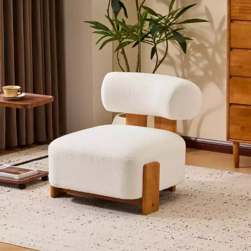 Fauteuil d'appoint moderne en bouclette avec dossier roulé, structure en bois massif, assise capitonnée pour salon, chambre ou bureau-Panipeachy