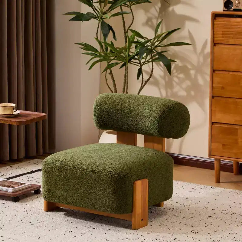 Fauteuil d'appoint moderne en bouclette avec dossier roulé, structure en bois massif, assise capitonnée pour salon, chambre ou bureau-Panipeachy