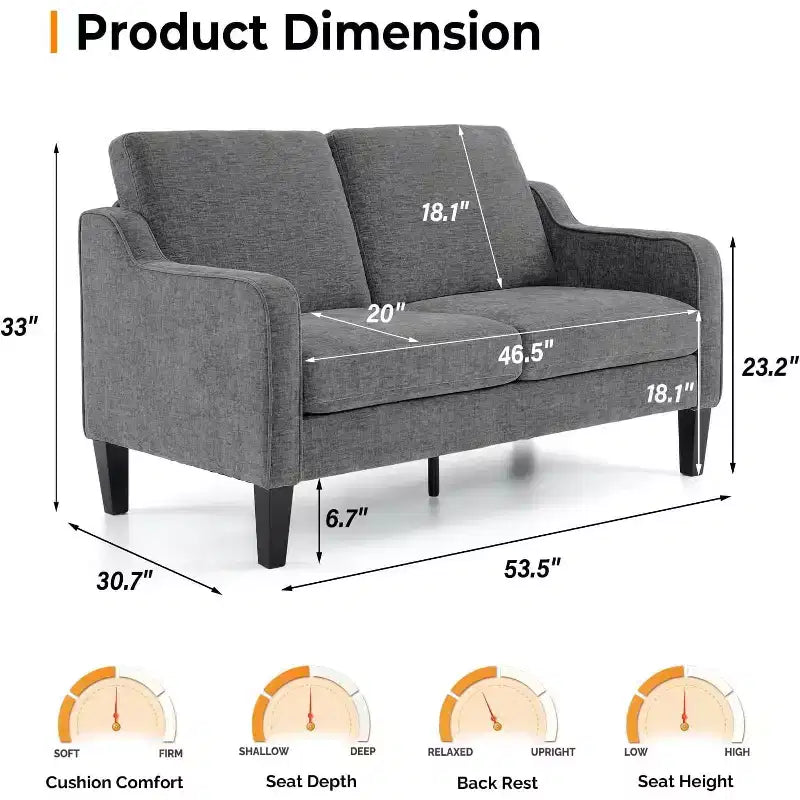 VINGLI Canapé 2 places de 135 cm de large, canapé moderne du milieu du siècle avec pieds solides, canapé 2 places avec accoudoirs incurvés
