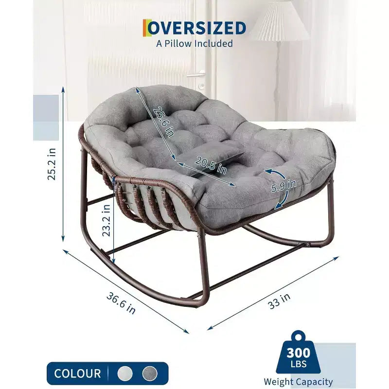 Fauteuil à bascule Papasan surdimensionné avec cadre en métal et coussin en rotin tressé pour patio, jardin, balcon – Gris