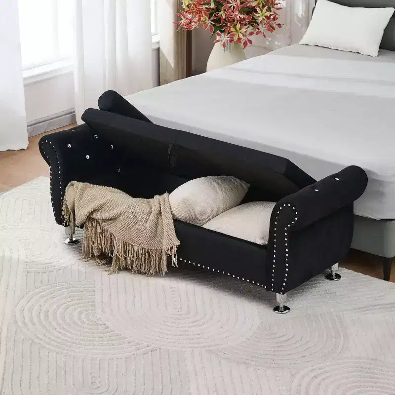 Banc de rangement moderne en velours TUYOHW avec bouton en cristal et 1 coussin, banc de bout de lit rembourré avec pieds en métal, pour salon, chambre à coucher