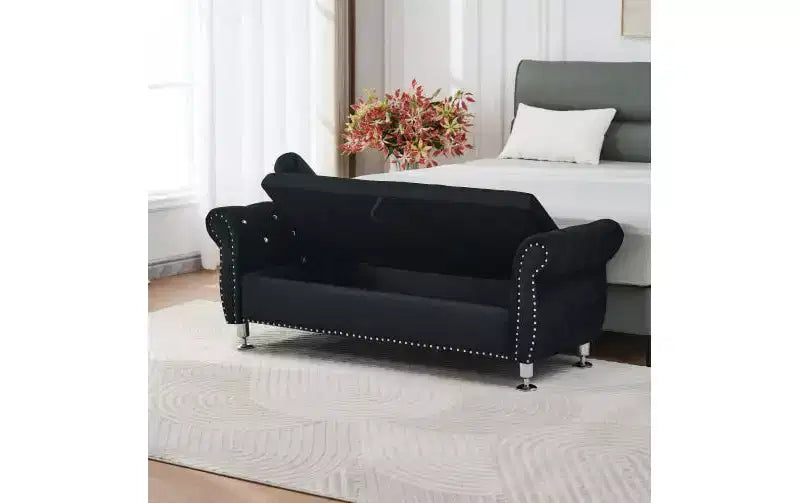 Banc de rangement moderne en velours TUYOHW avec bouton en cristal et 1 coussin, banc de bout de lit rembourré avec pieds en métal, pour salon, chambre à coucher