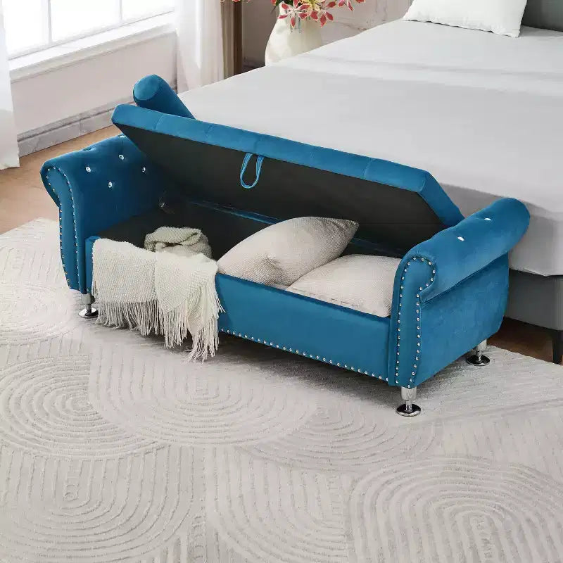 Banc de rangement moderne en velours TUYOHW avec bouton en cristal et 1 coussin, banc de bout de lit rembourré avec pieds en métal, pour salon, chambre à coucher