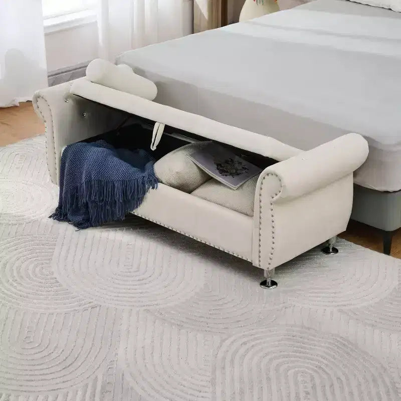 Banc de rangement moderne en velours TUYOHW avec bouton en cristal et 1 coussin, banc de bout de lit rembourré avec pieds en métal, pour salon, chambre à coucher