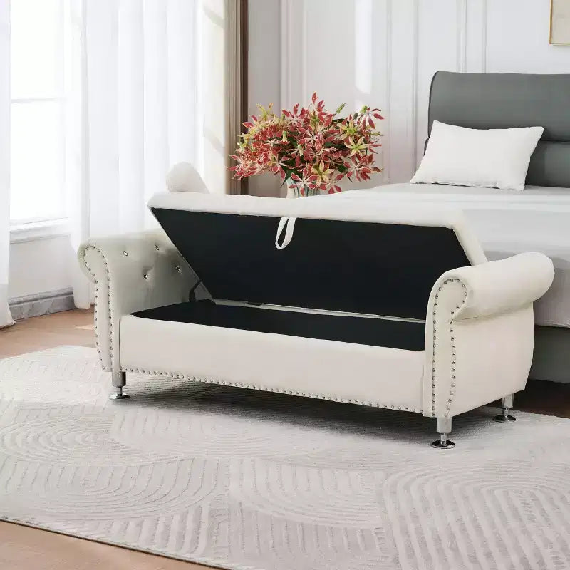 Banc de rangement moderne en velours TUYOHW avec bouton en cristal et 1 coussin, banc de bout de lit rembourré avec pieds en métal, pour salon, chambre à coucher