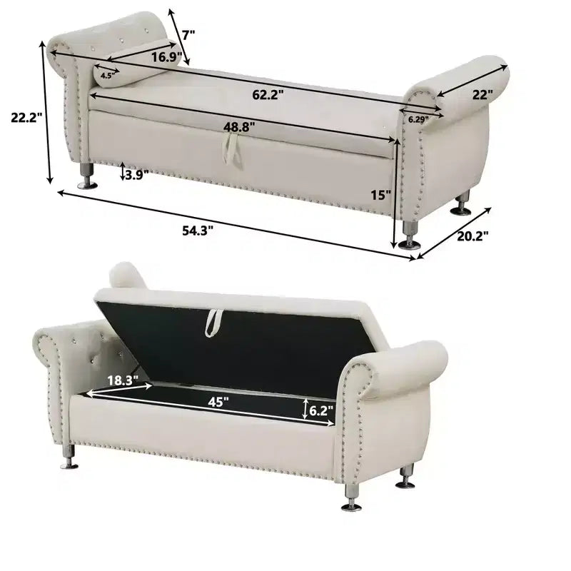 Banc de rangement moderne en velours TUYOHW avec bouton en cristal et 1 coussin, banc de bout de lit rembourré avec pieds en métal, pour salon, chambre à coucher