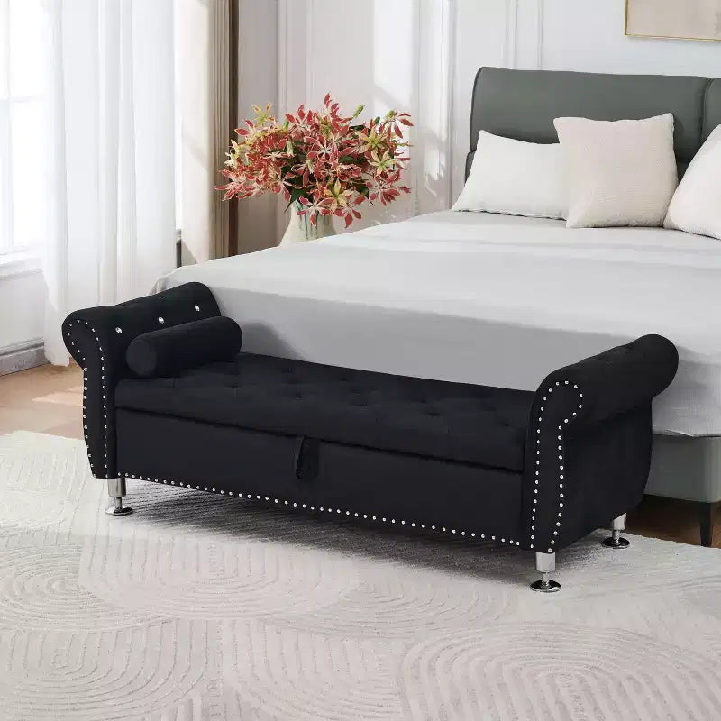 Banc de rangement moderne en velours TUYOHW avec bouton en cristal et 1 coussin, banc de bout de lit rembourré avec pieds en métal, pour salon, chambre à coucher