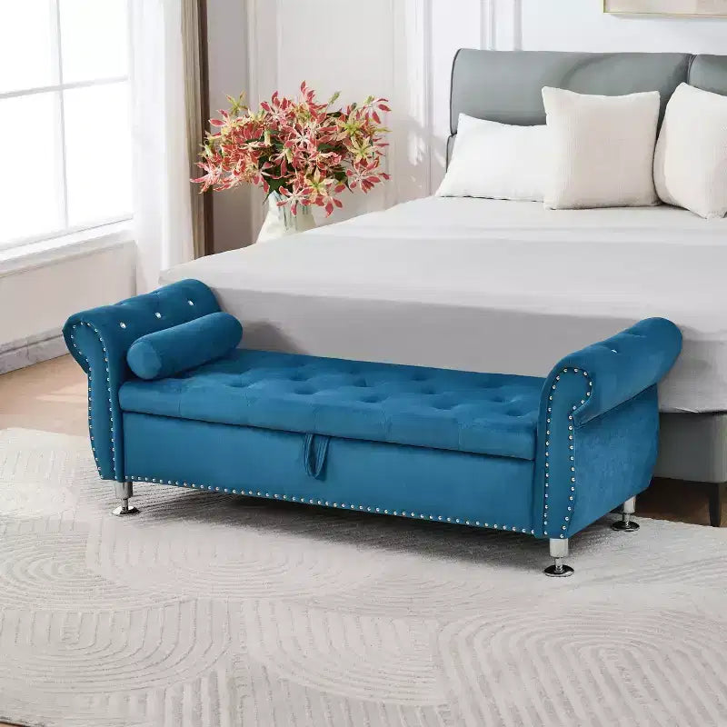 TUYOHW Modern Velvet Storage Bench with Crystal Button & 1 Pillow Upholstered End of Bed Bench with Metal Legs Bench for Living Room, Bedroom