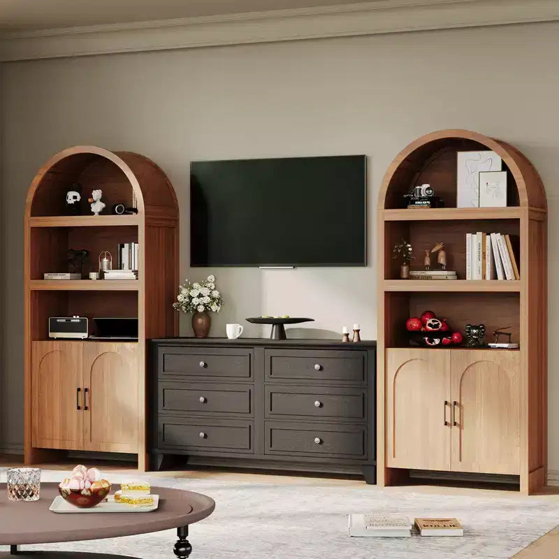 Bibliothèque haute avec armoire arquée et rangement, bibliothèque de style Mid-Century, armoire de rangement en bois moderne pour cuisine