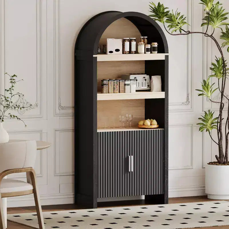 Bibliothèque haute avec armoire arquée et rangement, bibliothèque de style Mid-Century, armoire de rangement en bois moderne pour cuisine