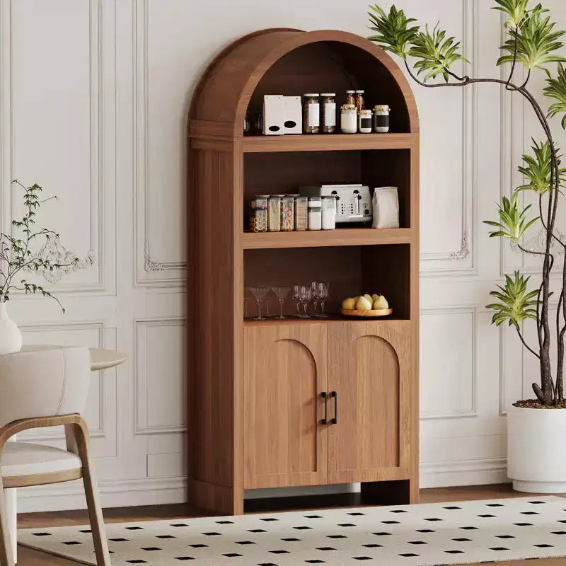 Bibliothèque haute avec armoire arquée et rangement, bibliothèque de style Mid-Century, armoire de rangement en bois moderne pour cuisine