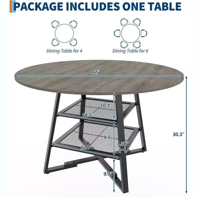 Table à manger ronde 42 pouces pour 4 à 6 personnes, table de cuisine ronde avec base en métal, table à manger ronde en bois, tables de cuisine en bois avec étagère de rangement