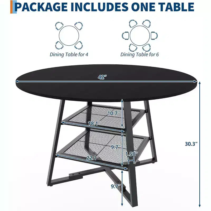 Table à manger ronde 42 pouces pour 4 à 6 personnes, table de cuisine ronde avec base en métal, table à manger ronde en bois, tables de cuisine en bois avec étagère de rangement